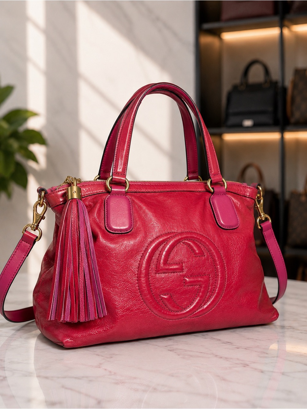 Gucci Soho Medium Leather Top Handle Satchel Red/Magenta Crossbody Authentic GG - Picture 2 of 5